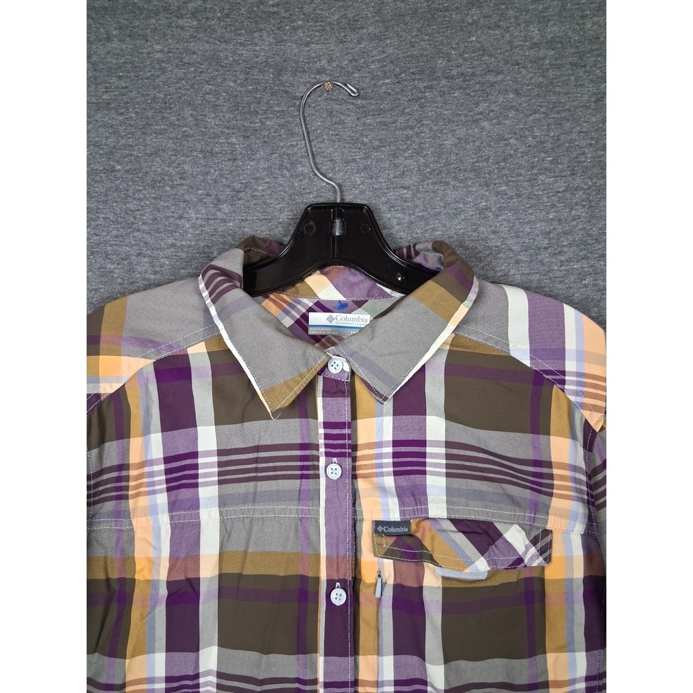 Columbia Womens Shirt 1X Purple Plaid Button Up Omni Shade Vented Fishing Hiking